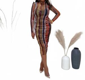 NEW CAPSULLE autumn aura mesh midi dress in rust multicolor